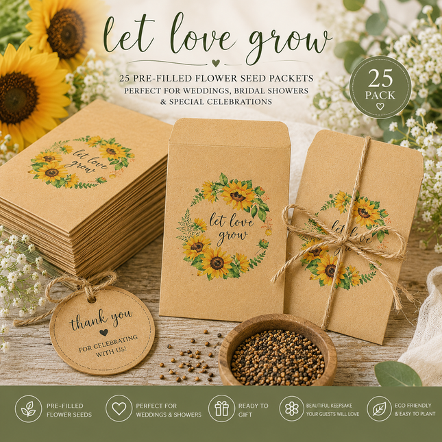 Sunflower Let Love Grow Seed Packet Favors – 25 Pack
