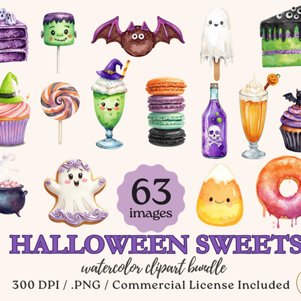Halloween Sweets Clipart Bundle – 63 Watercolor PNG Images – Cute Halloween Desserts, Treats, Candy