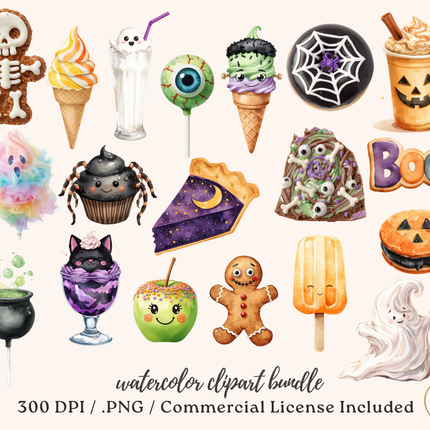 Halloween Sweets Clipart Bundle – 63 Watercolor PNG Images – Cute Halloween Desserts, Treats, Candy