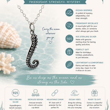 Octopus Tentacle Necklace - Sterling Silver - Friendship Necklace - Gift for Her