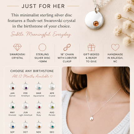 Dainty Birthstone Disc Necklace – Personalized Swarovski Charm on 18" Chain