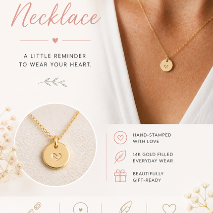Tiny Heart Necklace – Hand Stamped 9mm Disc, 14k Gold Filled on 18" Chain