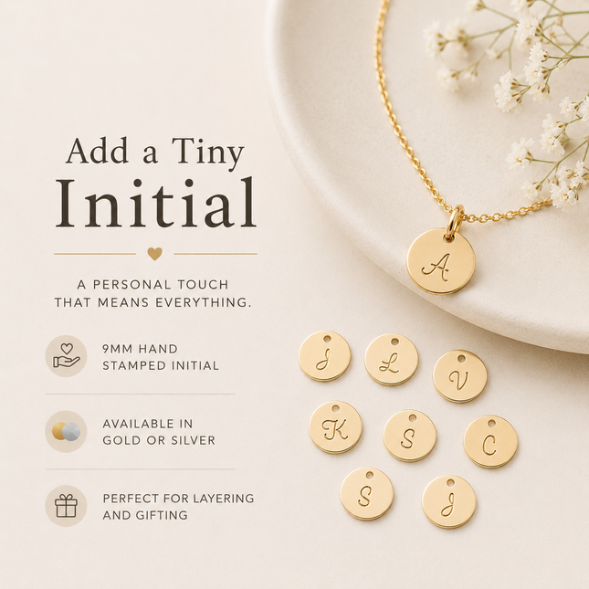 Tiny Hand Stamped Initial Charm – Gold or Silver Personalized Add On