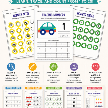 Toddler & Preschool Numbers Workbook – 40+ Page Printable PDF for Ages 3–5
