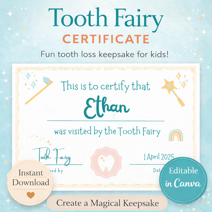 Editable Tooth Fairy Certificate Template – Printable Canva Design for Kids