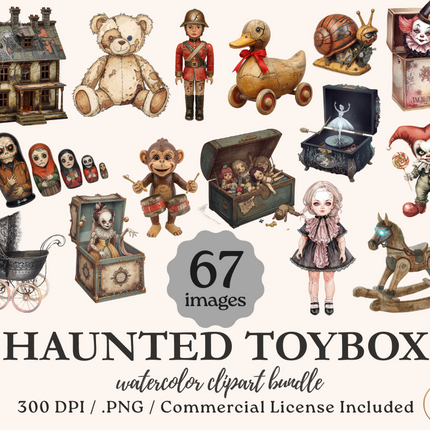 Haunted Toybox Clipart Bundle – 67 Spooky Vintage Toy PNGs – Storybook Halloween Illustrations – Commercial License
