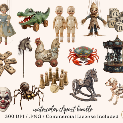 Haunted Toybox Clipart Bundle – 67 Spooky Vintage Toy PNGs – Storybook Halloween Illustrations – Commercial License