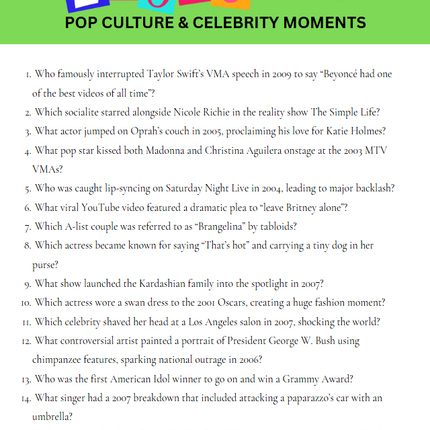 2000s Trivia Game Printable – 100+ Questions with Answers – Instant Download Party Game