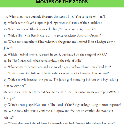 2000s Trivia Game Printable – 100+ Questions with Answers – Instant Download Party Game