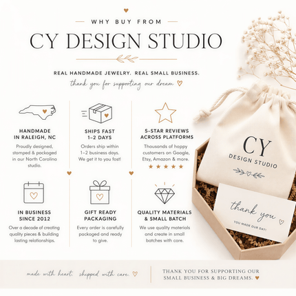 CY DESIGN STUDIO brand graphic with icons and a fabric pouch in a gift box next to a thank you card.