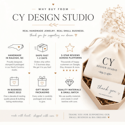 CY DESIGN STUDIO brand information graphic with a fabric drawstring pouch and thank you card in a cardboard box.