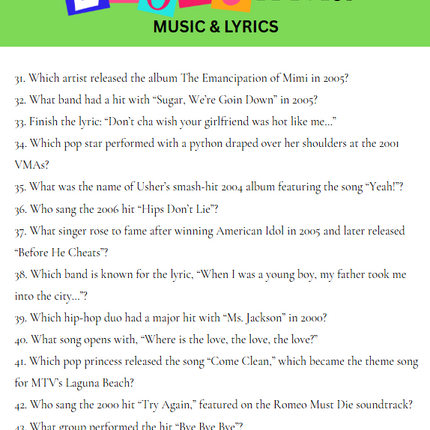 2000s Trivia Game Printable – 100+ Questions with Answers – Instant Download Party Game