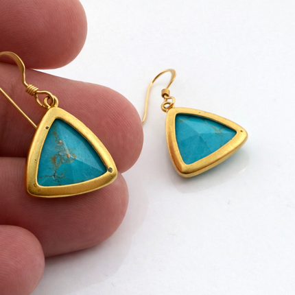 Dainty Turquoise Howlite Triangle Drop Earrings – Gold Framed – Gold Filled Ear Wires – 1” Dangle