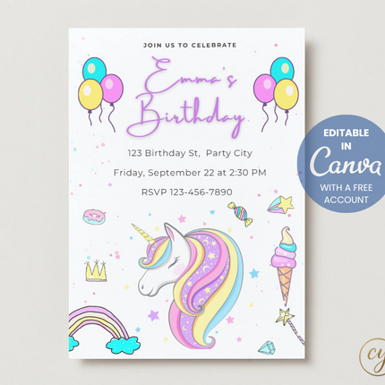 Unicorn Birthday Invitation Template – Pastel Girls Party | Editable in Canva