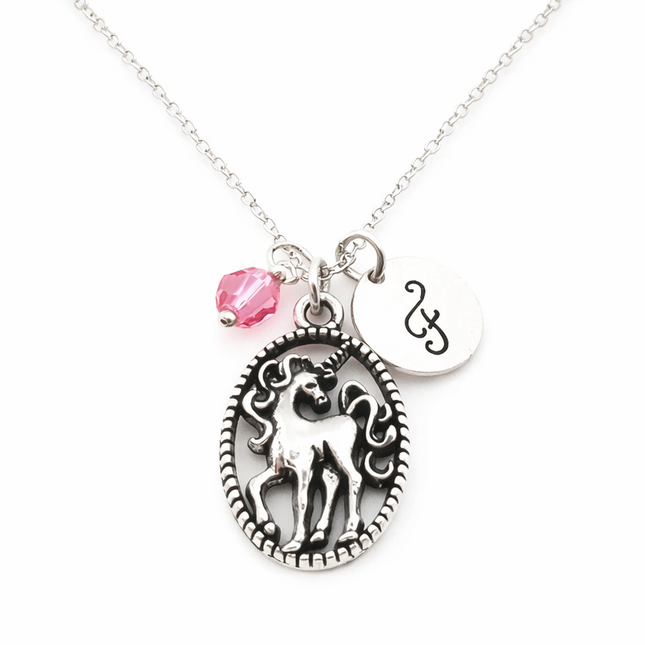 Unicorn Necklace – Sterling Silver with Birthstone & Initial Charm