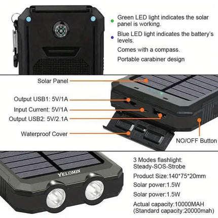 USB Portable Charger 10000mAh Solar Power Bank for Cell Phone and Laptops