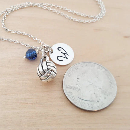 Personalized Volleyball Necklace – Sterling Silver Charm with Birthstone & Initial