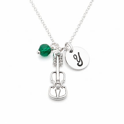 Personalized Violin Necklace – Sterling Silver with Birthstone & Initial Charm