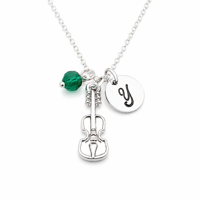 Personalized Violin Necklace – Sterling Silver with Birthstone & Initial Charm