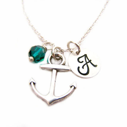 Personalized Anchor Necklace – Sterling Silver Charm with Birthstone & Initial