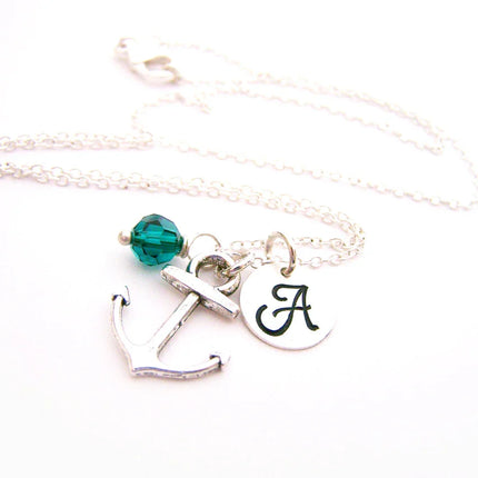 Personalized Anchor Necklace – Sterling Silver Charm with Birthstone & Initial