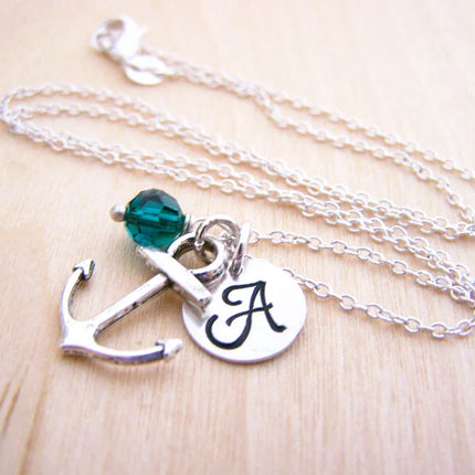 Personalized Anchor Necklace – Sterling Silver Charm with Birthstone & Initial