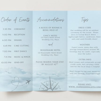 Wedding Itinerary Brochure Template | Love Takes Flight Travel Theme | Editable in Canva