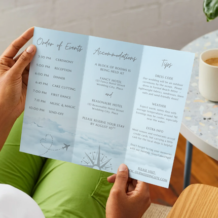 Wedding Itinerary Brochure Template | Love Takes Flight Travel Theme | Editable in Canva