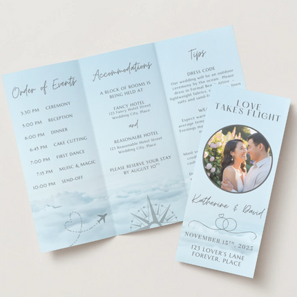 Wedding Itinerary Brochure Template | Love Takes Flight Travel Theme | Editable in Canva