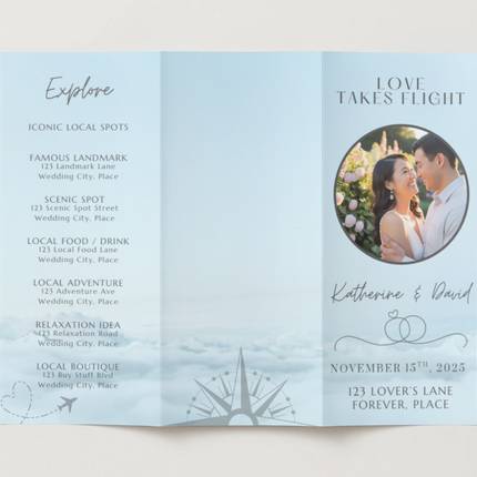 Wedding Itinerary Brochure Template | Love Takes Flight Travel Theme | Editable in Canva