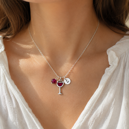 Glass of Wine Necklace – Sterling Silver with Birthstone & Initial Charm