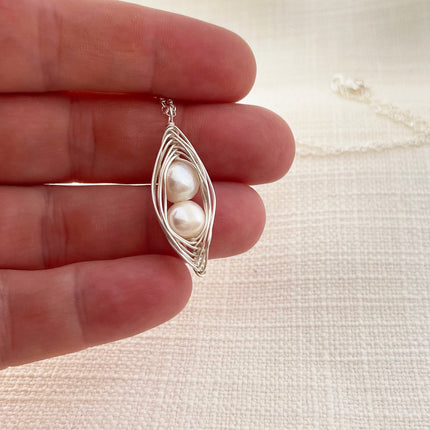 Peapod Necklace Freshwater Pearl Sterling Silver Wire Wrapped Jewelry