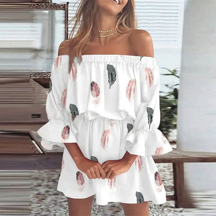 Women's 3/4 Length Sleeve Floral Ruffle Summer Spring Off Shoulder Dress