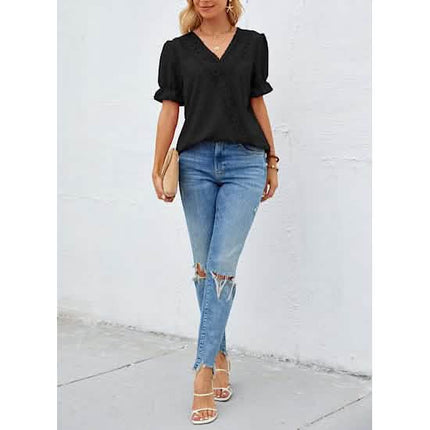 Women's Casual Lace Pom Pom V Neck Chiffon Short Sleeve Top