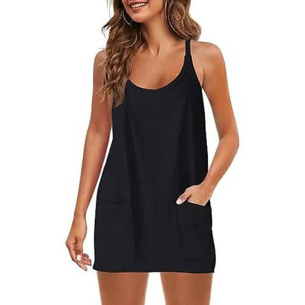 Womens Summer Sleeveless Mini Dress V Neck Spaghetti Strap with Pockets