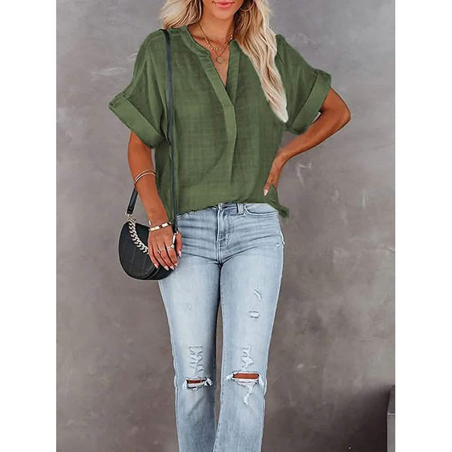 Women's V-Neck Loose Shirt Short Sleeve Top