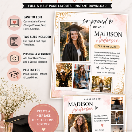 Yearbook Ad Template – Full & Half Page Graduation Tribute (Editable in Canva)